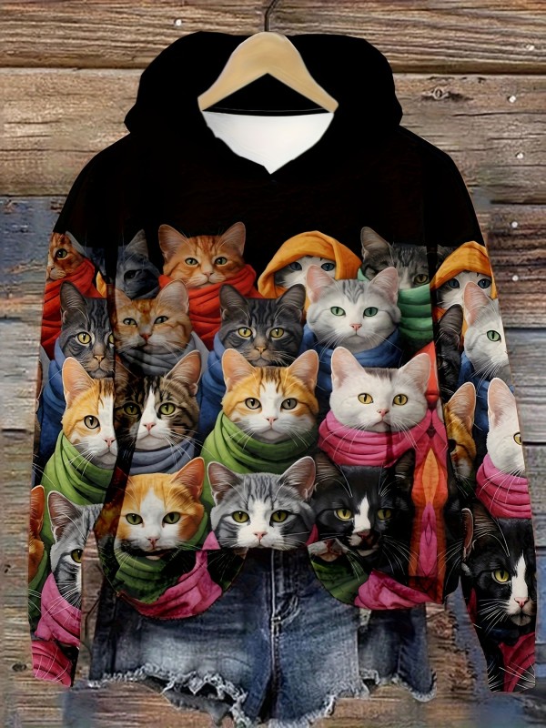 Cat Print Hoodie, Casual Long Sleeve Hoodies Sweatshirt, Women's Clothing