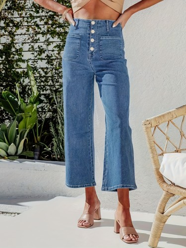 Women's High-Waisted Cropped Jeans, Stretch Denim, Straight-Leg, Casual Street Style Single-breasted Denim Pants