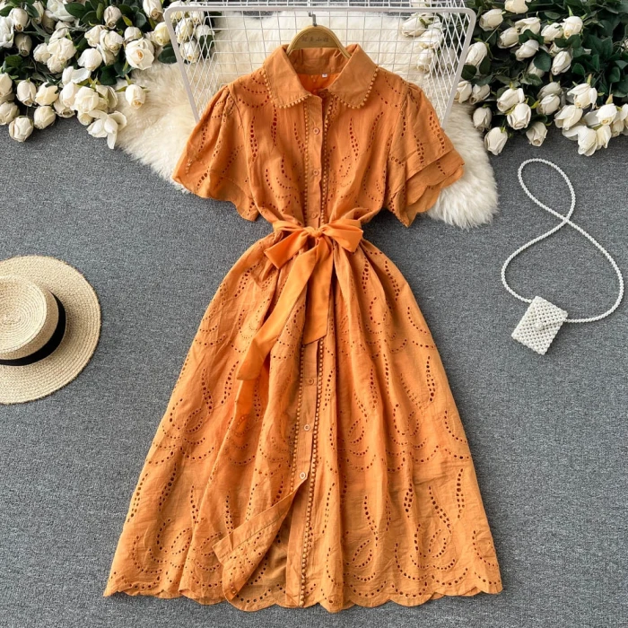 Lace Embroidery Dress Women Short Sleeves Female Vintage Party Beach Maxi Long Dresses