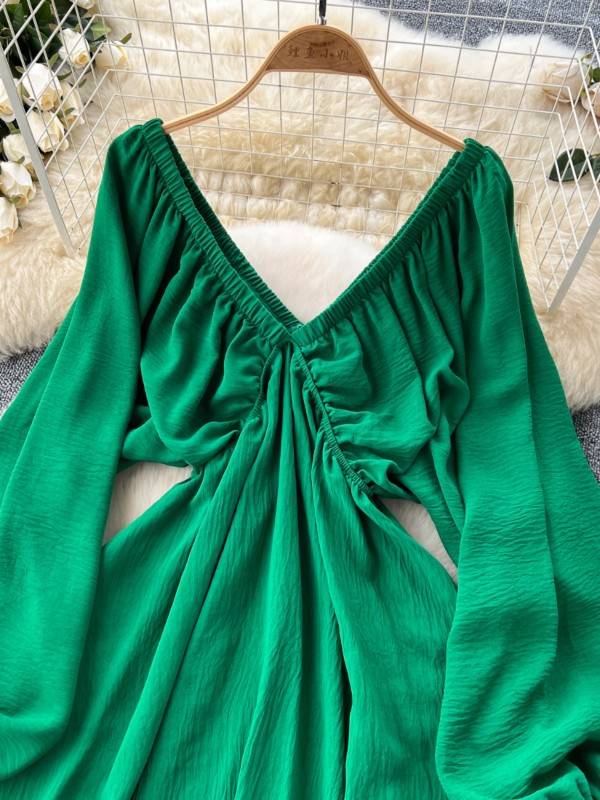 Beach Vacation Deep V-Neck Lantern Sleeve Casual Ruffle Bohemian Midi Dress