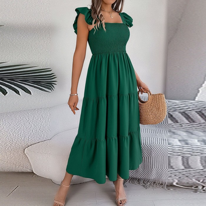 Solid Tank Square Collar Sleeveless A-Line Maxi Dress Backless Slim Waist Pleated Beach Dresses