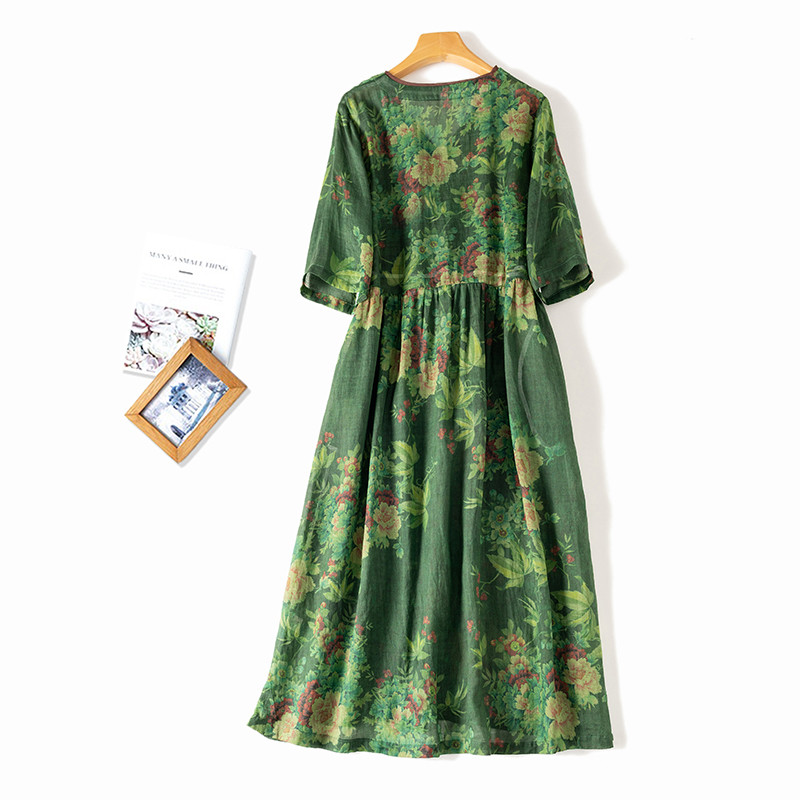 Green Floral Print Vintage Linen V-Neck Lace Up Loose Fashion Mid-Calf Dresses