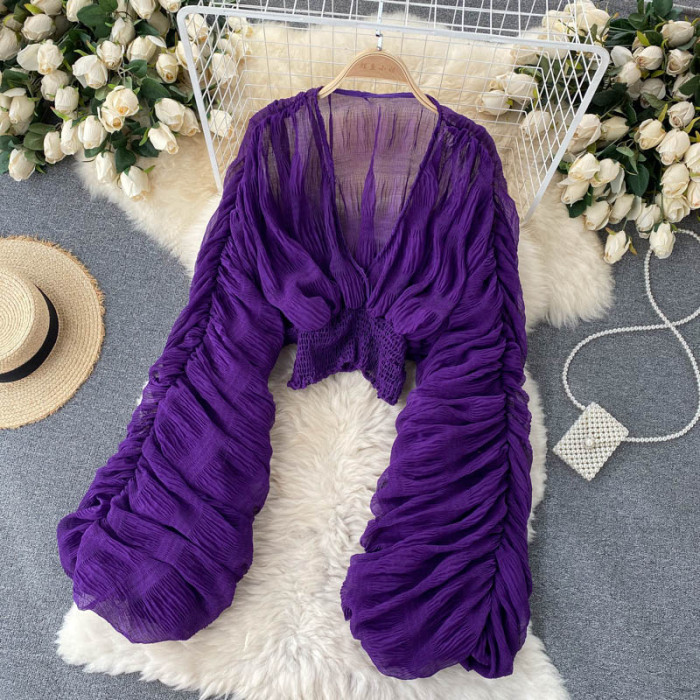 Women's Sexy Chiffon Cropped Top See-Through Extra Long Sleeve Pleated Party Top