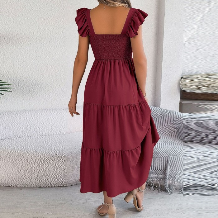 Solid Tank Square Collar Sleeveless A-Line Maxi Dress Backless Slim Waist Pleated Beach Dresses