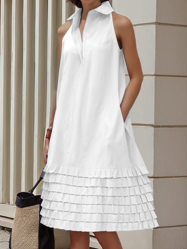 A-Line Loose Pleated Pockets Split-Joint Lapel Midi Dresses