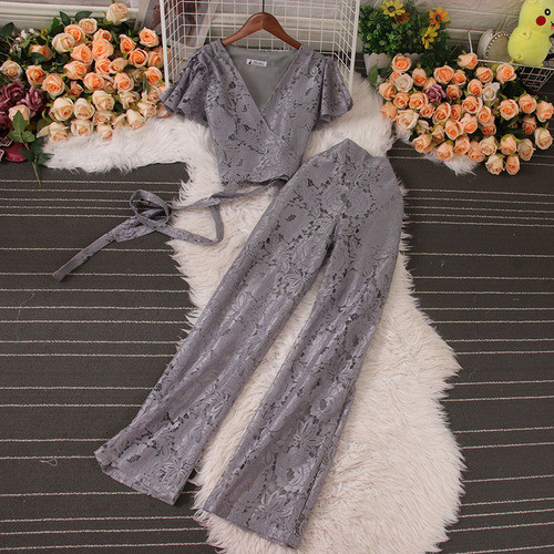 Hollow Pant Sets for Women Ruffle Lace Hook Flower Bandage Short Tops + High Waist Wide Leg Pants Sheer Female Suit New