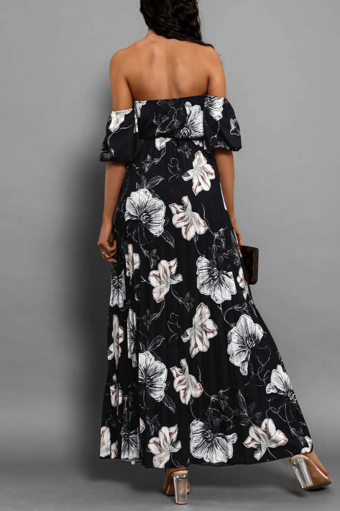 Sexy Floral Print Lace Up Pleated Off Shoulder Printed Dresses