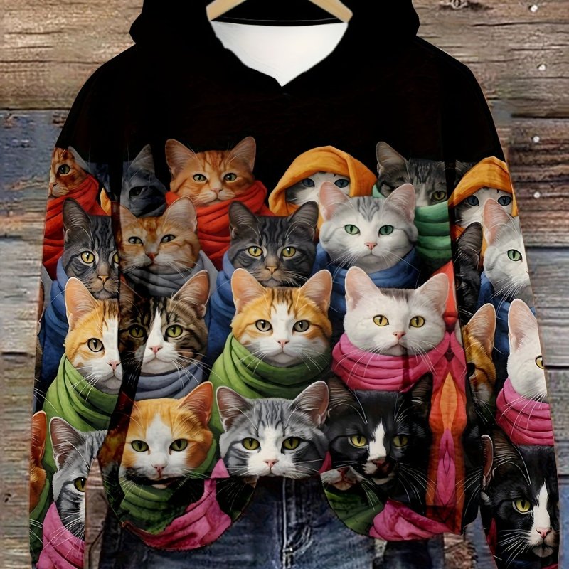 Cat Print Hoodie, Casual Long Sleeve Hoodies Sweatshirt, Women's Clothing