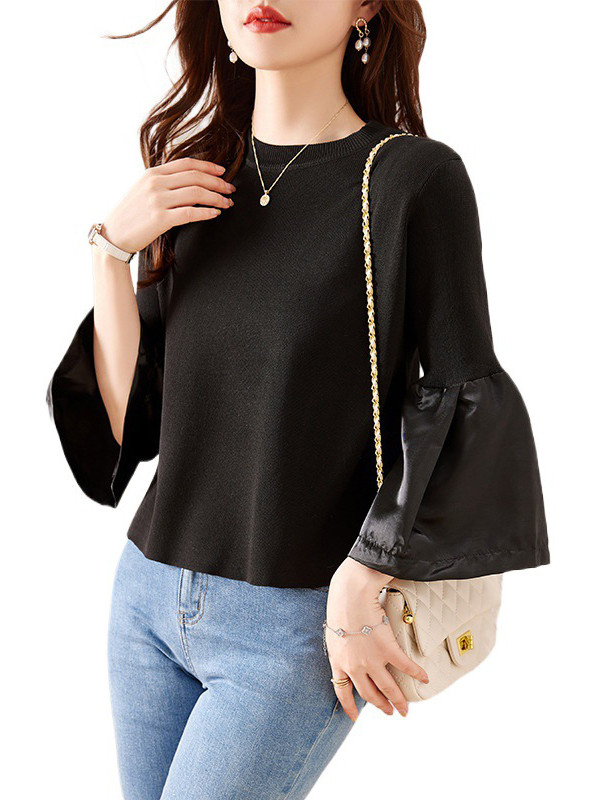 Flared Sleeves Long Sleeves Pleated Split-Joint Round-neck T-Shirts Tops