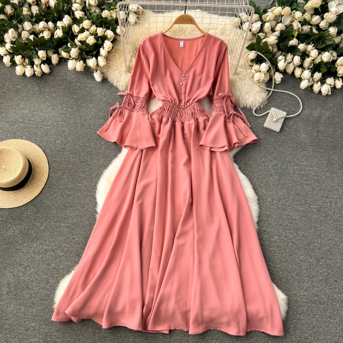 Vintage V-Neck Flare Sleeve Draped Ruffle Maxi Dresses