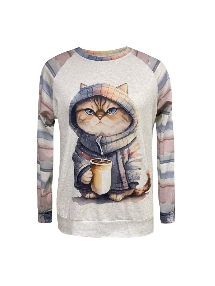 Kitten Print Crew Neck Sweatshirt, Casual Long Sleeve Drop Shoulder Sweatshirt, Women's Clothing