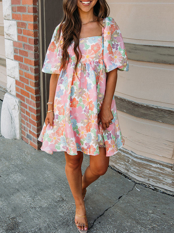 A-Line High Waisted Elasticity Flower Print Pleated Split-Joint Zipper Square-Neck Mini Dresses