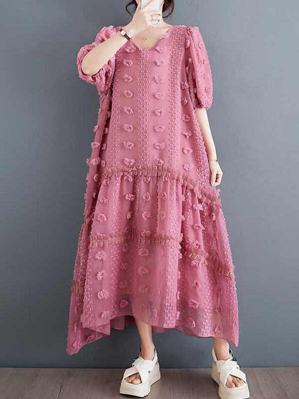 A-Line Half Sleeves Elasticity Jacquard Solid Color Split-Joint V-Neck Midi Dresses