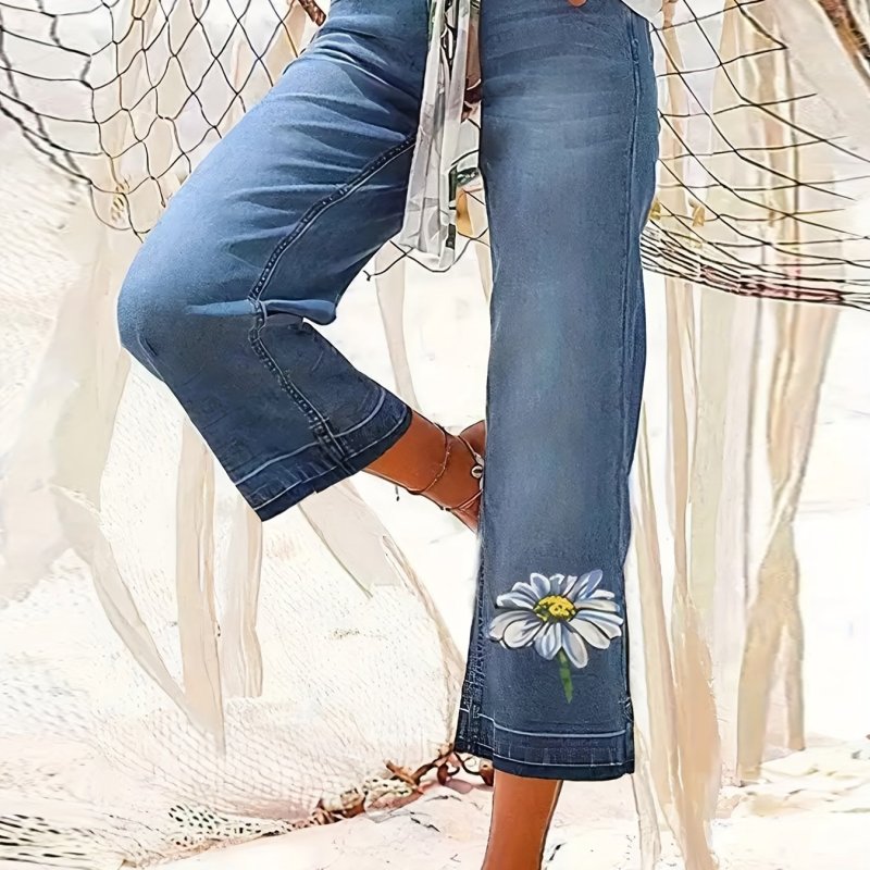 Women's Bohemian Style High Stretch Floral Printed Capri Denim Jeans, Capri Wide-Leg Pants