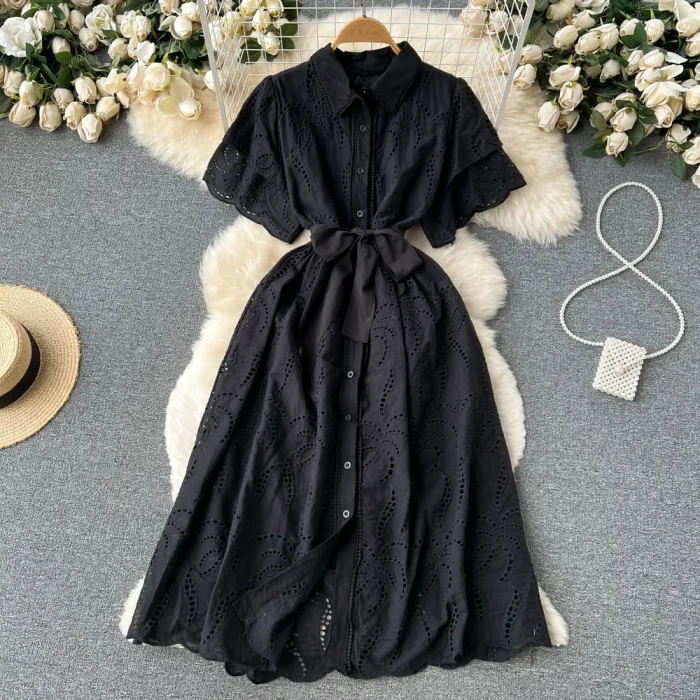 Lace Embroidery Dress Women Short Sleeves Female Vintage Party Beach Maxi Long Dresses