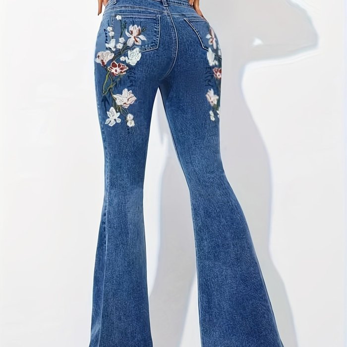 Floral Embroidered Decor Flare Jeans, Slant Pockets High Stretch Bell Bottom Jeans, Women's Denim Jeans & Clothing