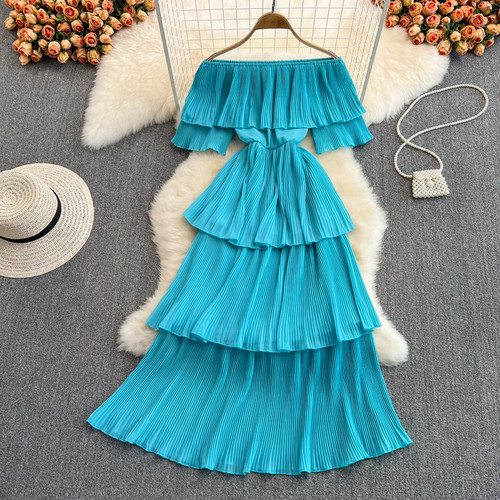 Vintage Slash Neck  Pleated Flods Elegant Cascading Ruffled Off The Shoulder Midi Dresses