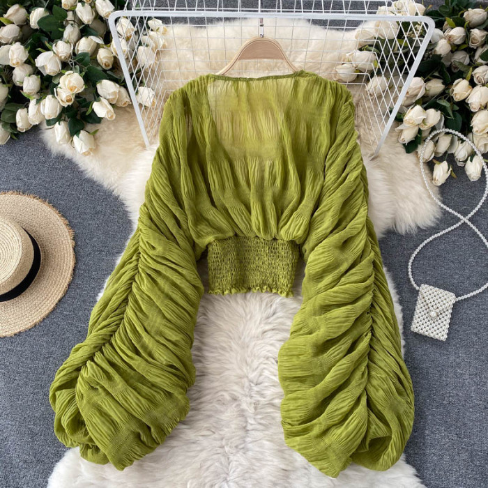Women's Sexy Chiffon Cropped Top See-Through Extra Long Sleeve Pleated Party Top