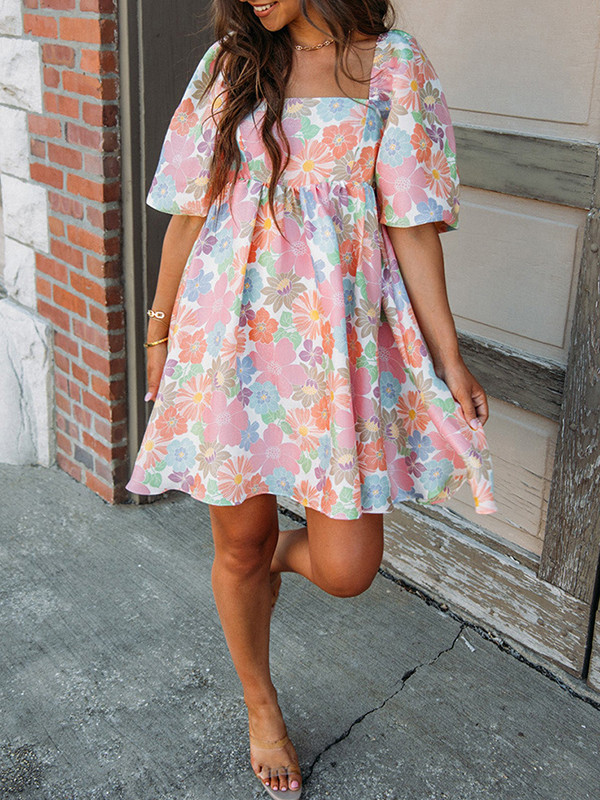 A-Line High Waisted Elasticity Flower Print Pleated Split-Joint Zipper Square-Neck Mini Dresses