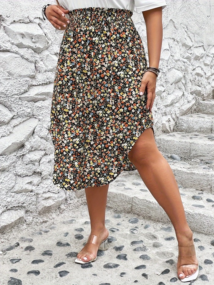 Plus Size Floral Print Skirt, Casual Curved Hem Skirt For Spring & Summer, Women's Plus Size Clothing