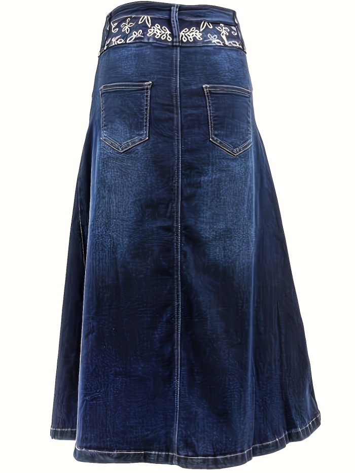 Women's Plus Size Casual Blue Stretchy Plants Graphic Denim A-Line Midi Skirt With Whiskers And Single-breasted Button Detail - Versatile Jean Skirt For Ladies For Autumn