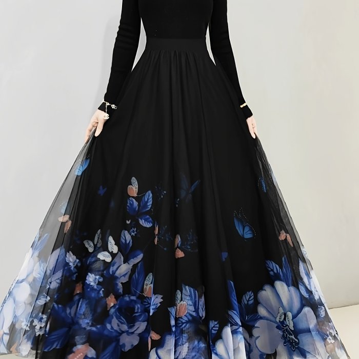 Floral & Butterfly Print High Waist Skirt, Elegant Ruffle Hem Flowy Maxi Skirt, Women's Clothing