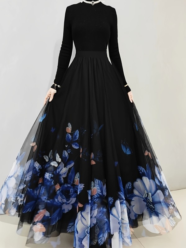 Floral & Butterfly Print High Waist Skirt, Elegant Ruffle Hem Flowy Maxi Skirt, Women's Clothing