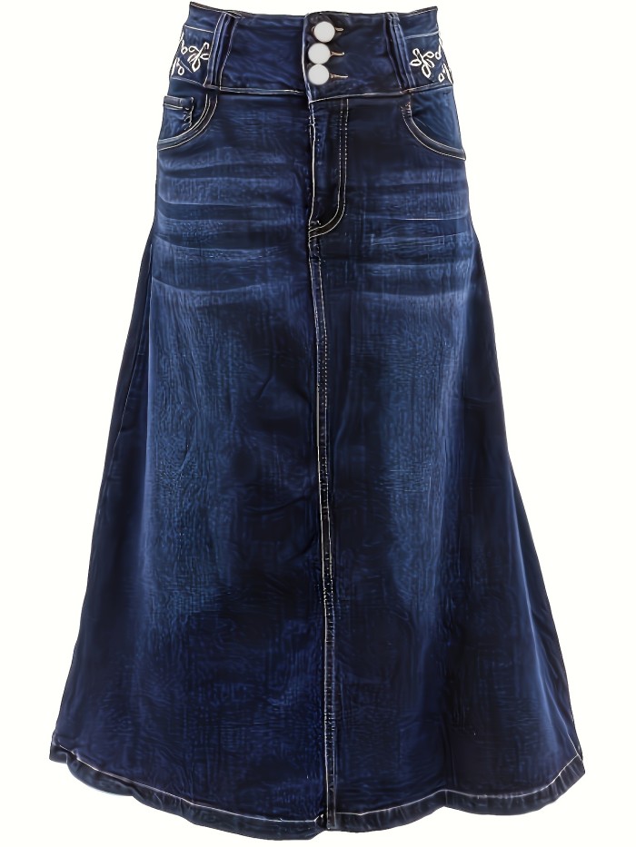 Women's Plus Size Casual Blue Stretchy Plants Graphic Denim A-Line Midi Skirt With Whiskers And Single-breasted Button Detail - Versatile Jean Skirt For Ladies For Autumn