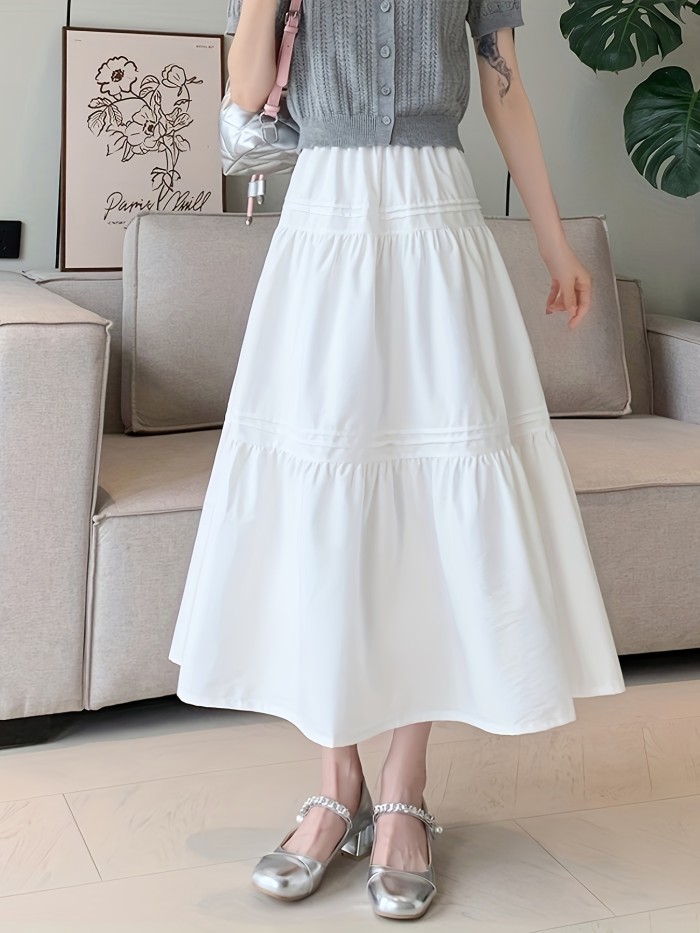 Elastic High Waist Tiered Skirt, Casual Solid Color A-line Skirt For Spring & Summer, Women's Clothing