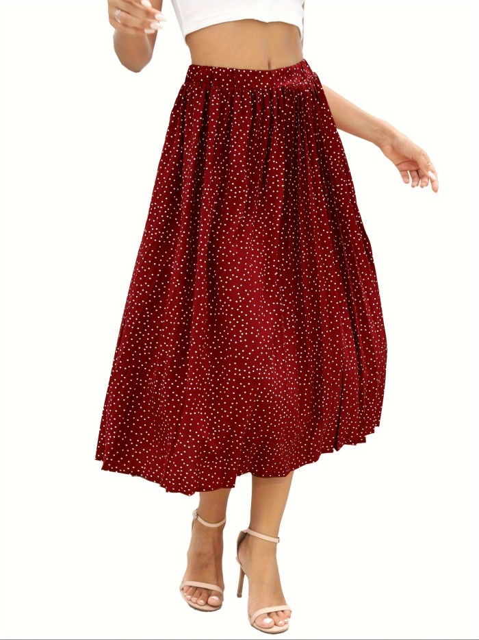 Polka Dot High Waist Skirt, Casual Pleated Midi Skirt For Spring & Summer, Women's Clothing
