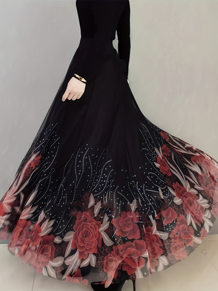 Floral & Butterfly Print High Waist Skirt, Elegant Ruffle Hem Flowy Maxi Skirt, Women's Clothing