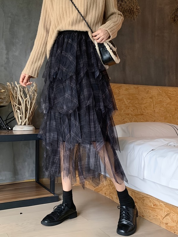 Layered Asymmetrical Hem Skirt, Stylish High Waist Midi Plaid Mesh Skirt For Summer & Spring, Women's Clothing