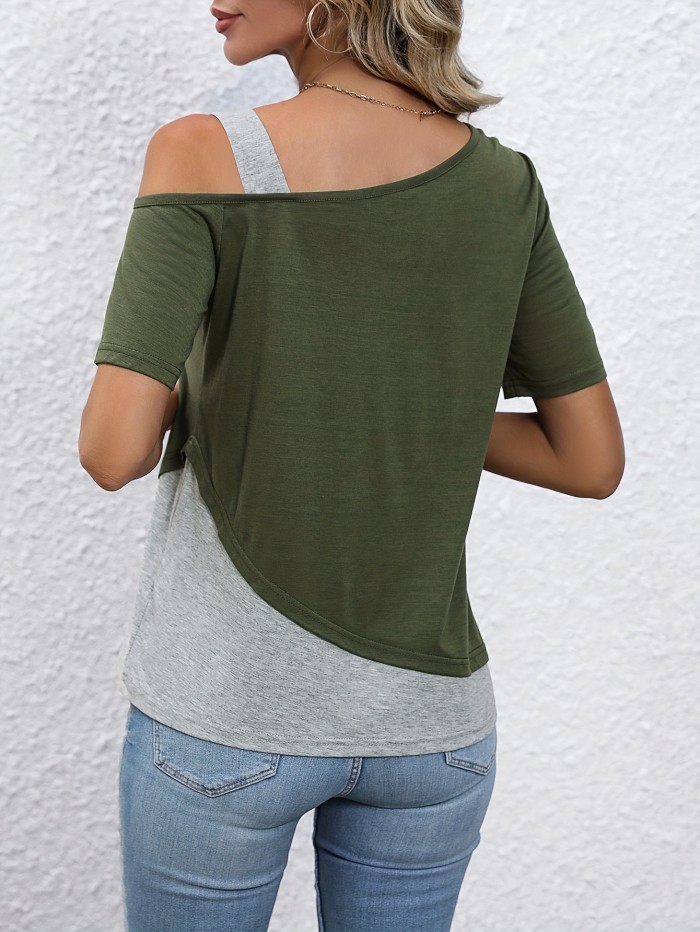 Colorblock Crew Neck T-Shirt, Casual One Side Cold Shoulder T-shirt For Spring & Summer, Women's Clothing