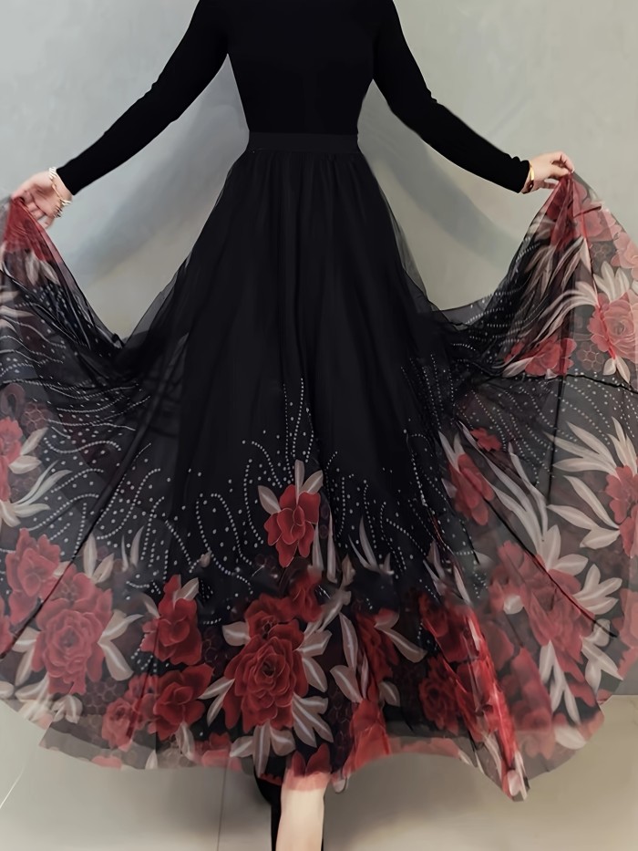Floral & Butterfly Print High Waist Skirt, Elegant Ruffle Hem Flowy Maxi Skirt, Women's Clothing