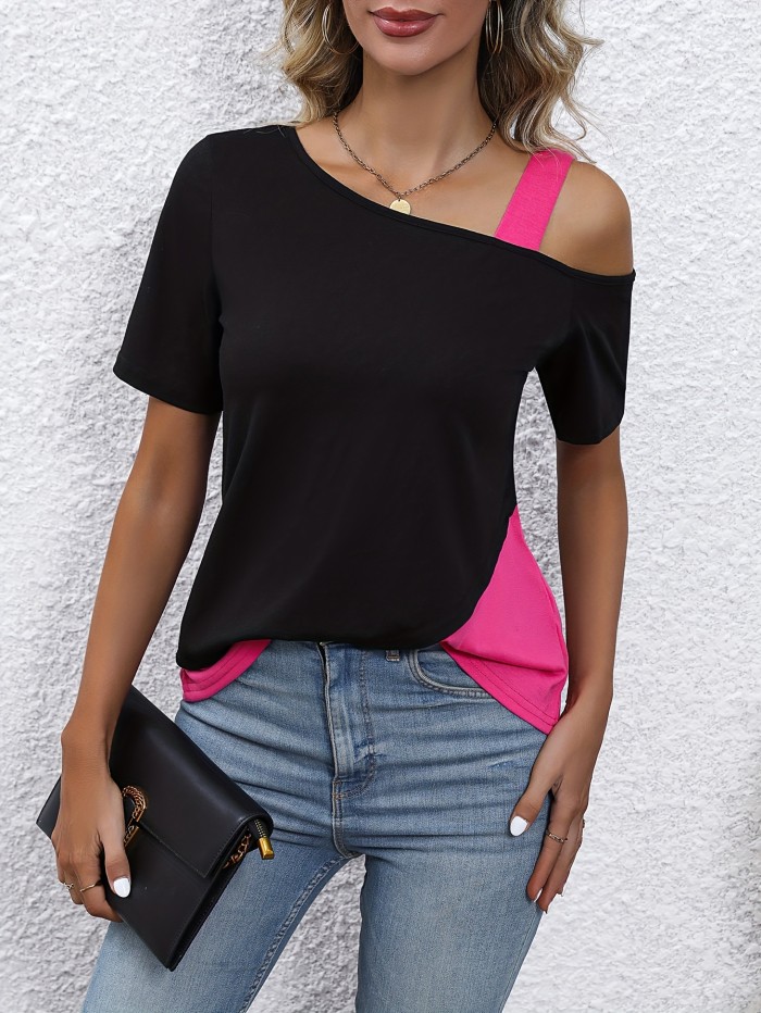 Colorblock Crew Neck T-Shirt, Casual One Side Cold Shoulder T-shirt For Spring & Summer, Women's Clothing