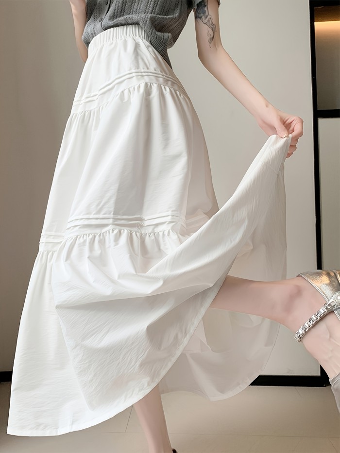 Elastic High Waist Tiered Skirt, Casual Solid Color A-line Skirt For Spring & Summer, Women's Clothing