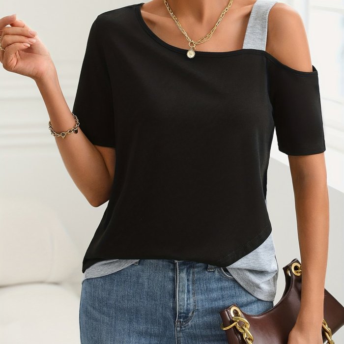 Colorblock Crew Neck T-Shirt, Casual One Side Cold Shoulder T-shirt For Spring & Summer, Women's Clothing