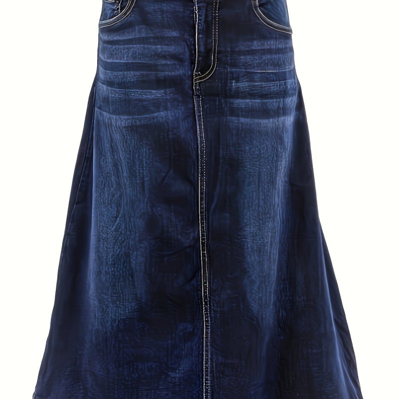 Women's Plus Size Casual Blue Stretchy Plants Graphic Denim A-Line Midi Skirt With Whiskers And Single-breasted Button Detail - Versatile Jean Skirt For Ladies For Autumn