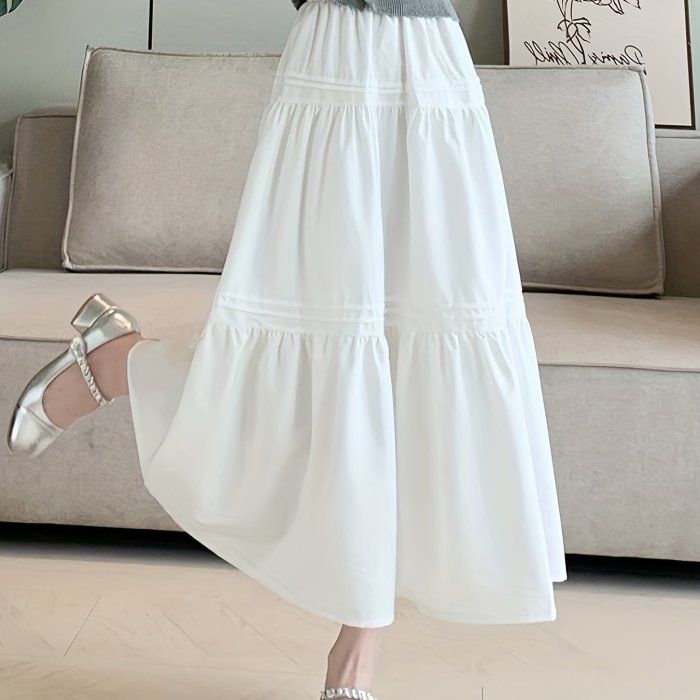 Elastic High Waist Tiered Skirt, Casual Solid Color A-line Skirt For Spring & Summer, Women's Clothing