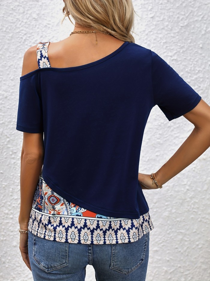 Colorblock Crew Neck T-Shirt, Casual One Side Cold Shoulder T-shirt For Spring & Summer, Women's Clothing