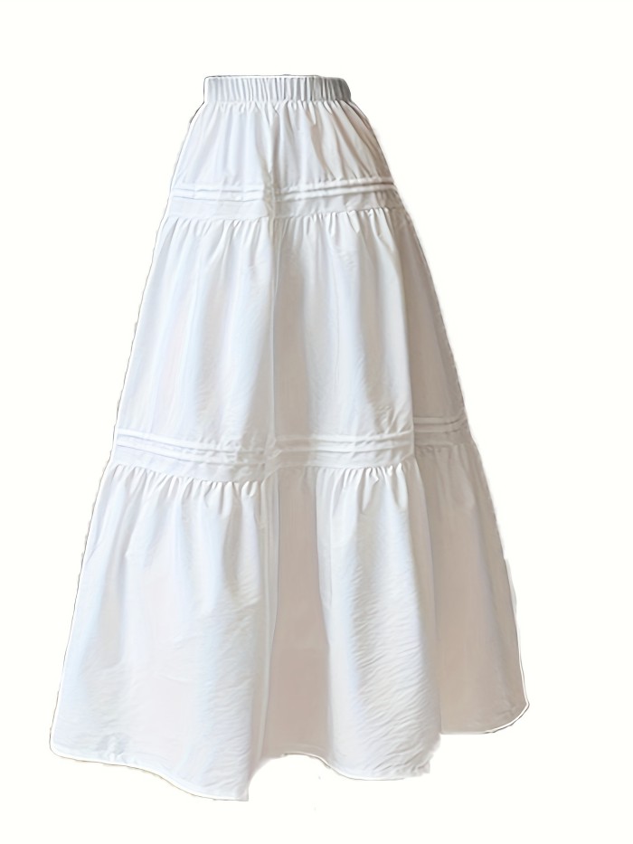 Elastic High Waist Tiered Skirt, Casual Solid Color A-line Skirt For Spring & Summer, Women's Clothing