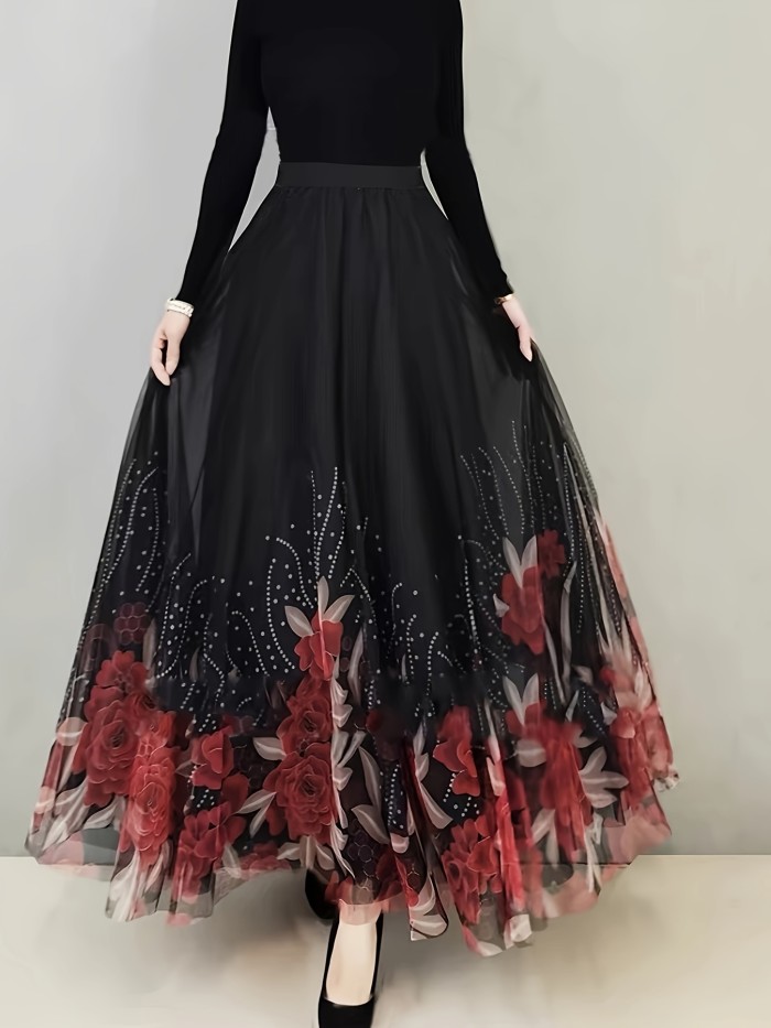 Floral & Butterfly Print High Waist Skirt, Elegant Ruffle Hem Flowy Maxi Skirt, Women's Clothing