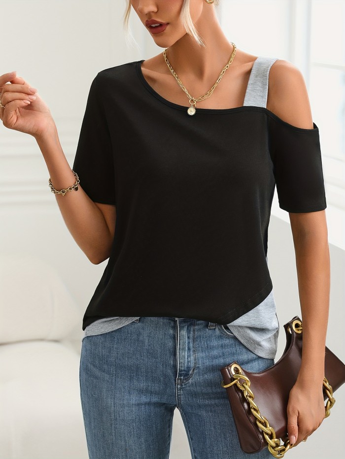 Colorblock Crew Neck T-Shirt, Casual One Side Cold Shoulder T-shirt For Spring & Summer, Women's Clothing