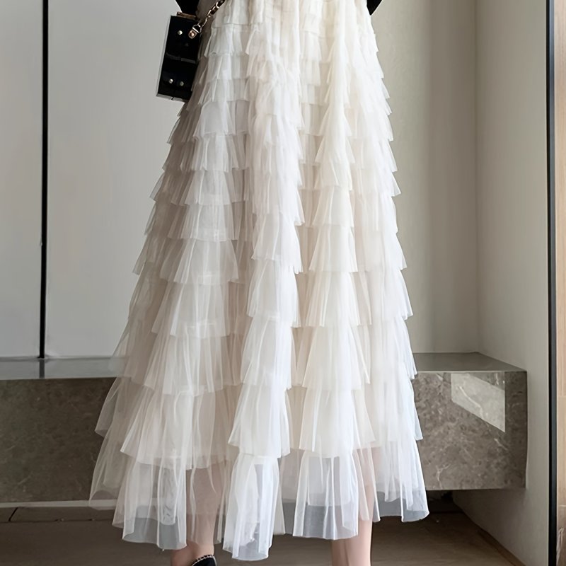Elastic High Waist Tiered Skirt, Elegant Chiffon A-line Skirt For Spring & Summer, Women's Clothing