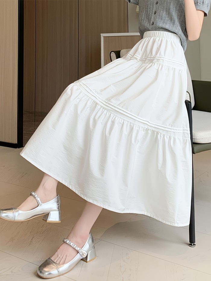 Elastic High Waist Tiered Skirt, Casual Solid Color A-line Skirt For Spring & Summer, Women's Clothing