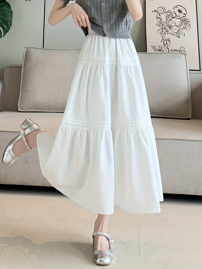 Elastic High Waist Tiered Skirt, Casual Solid Color A-line Skirt For Spring & Summer, Women's Clothing