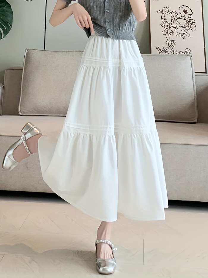 Elastic High Waist Tiered Skirt, Casual Solid Color A-line Skirt For Spring & Summer, Women's Clothing