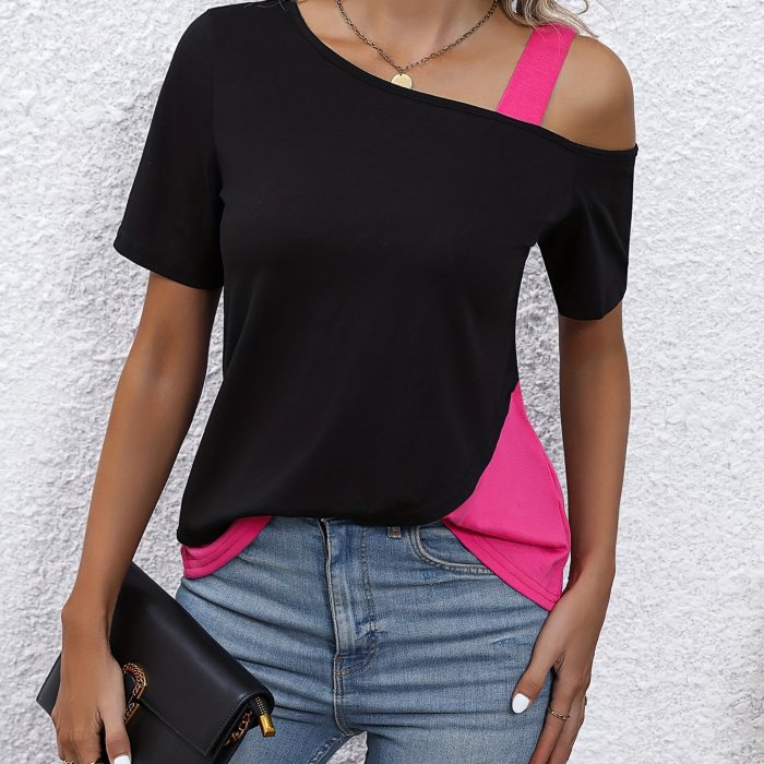 Colorblock Crew Neck T-Shirt, Casual One Side Cold Shoulder T-shirt For Spring & Summer, Women's Clothing