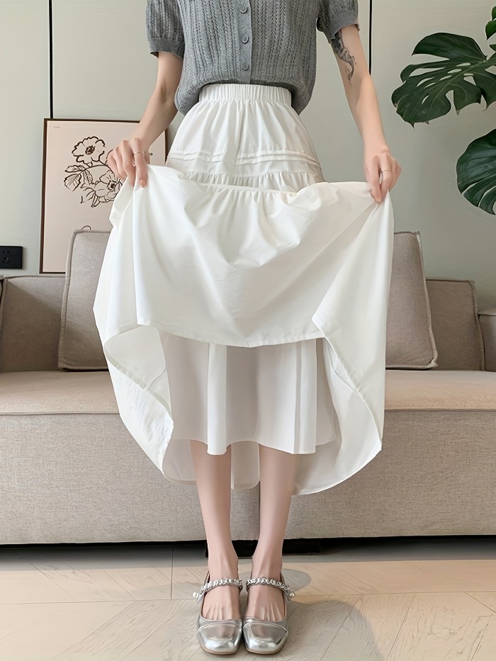 Elastic High Waist Tiered Skirt, Casual Solid Color A-line Skirt For Spring & Summer, Women's Clothing
