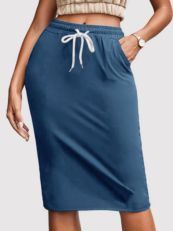 Drawstring Waist Solid Skirt, Casual Knee Length Skirt With Pocket, Women's Clothing